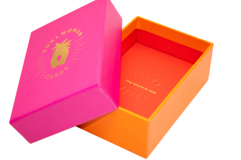 Bright pink-orange gift box with a lid in vibrant colors