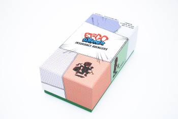 Packaging box with colorful, comic-style design and graphic elements