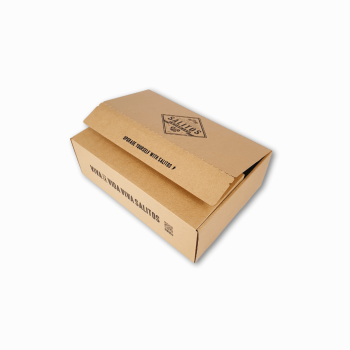 Brown folding box made of cardboard with logo print on white background