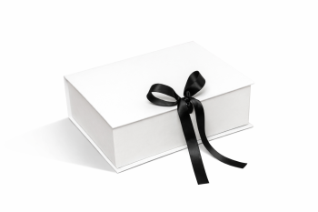 White magnetic box with black ribbon for gift packaging