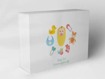 White gift box with baby motif and colorful toy illustrations