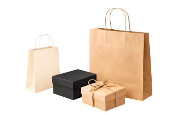 Display of brown paper bags and gift boxes made from recycled material