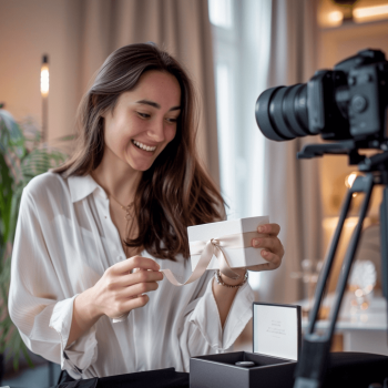 Woman opens elegant gift box in front of the camera 