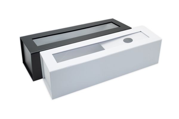 Magnetic box for bottles with viewing window and flat inlay in various colors. colors