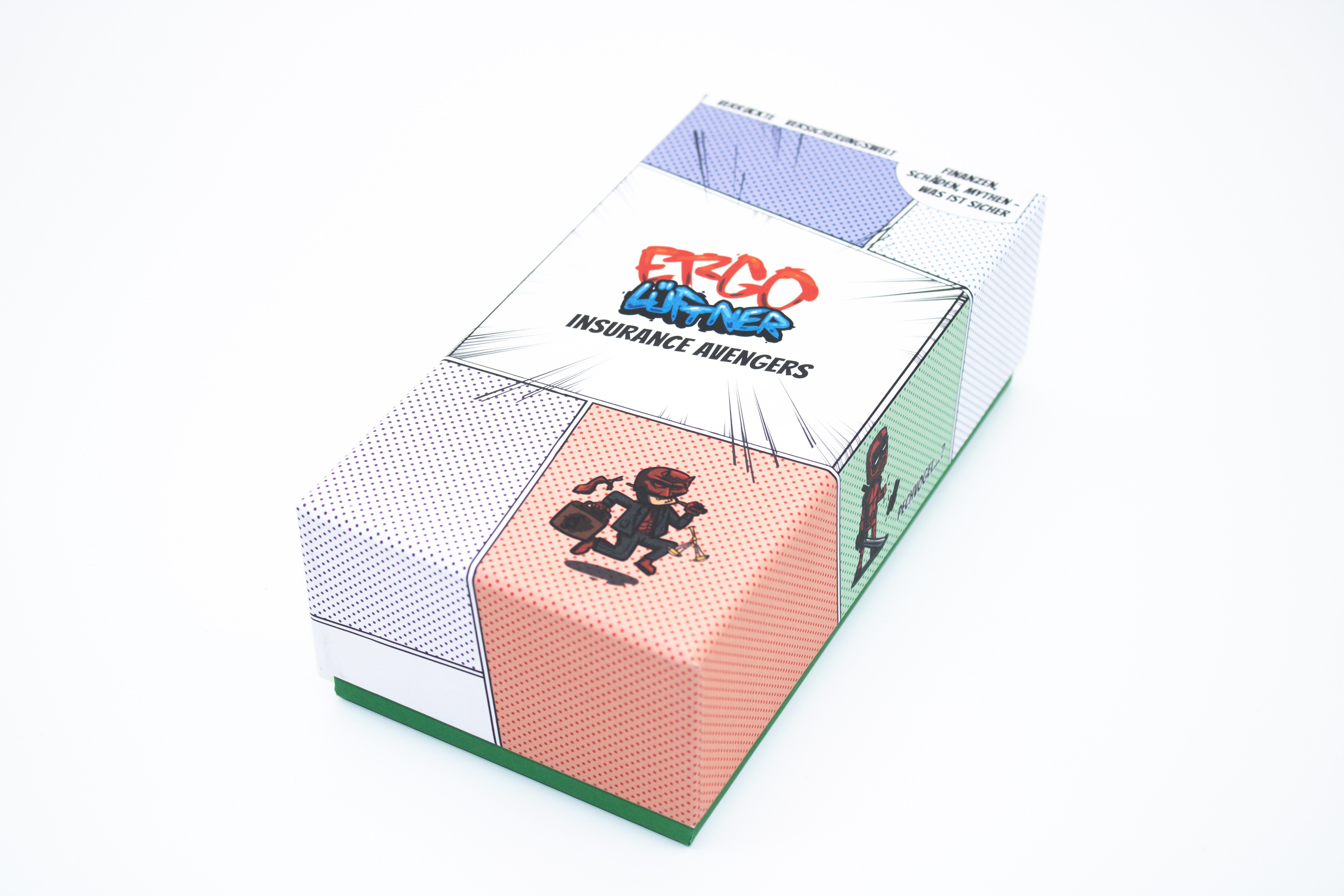 Packaging box with colorful, comic-style design and graphic elements