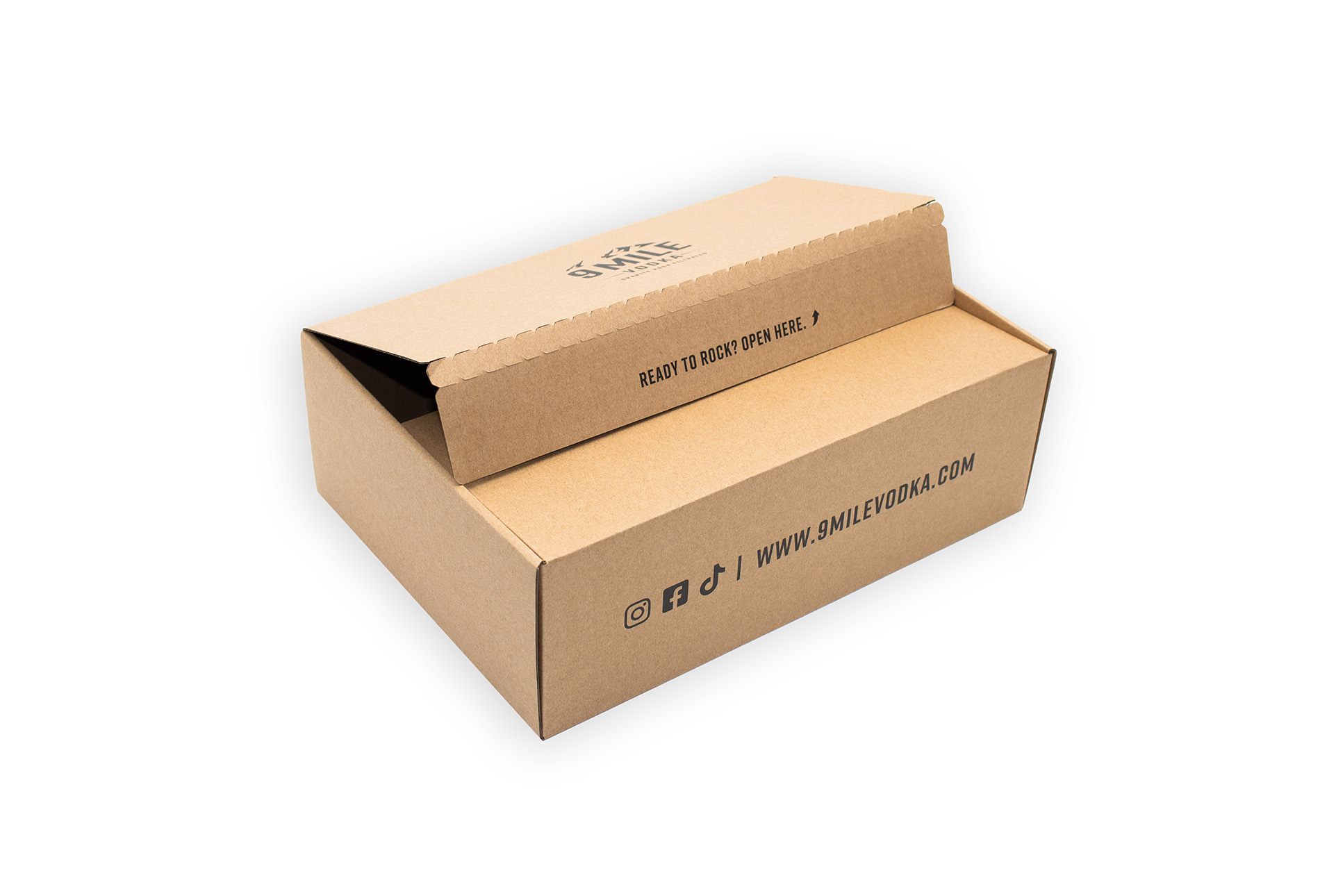Open printed cardboard shipping box for modern e-commerce packaging