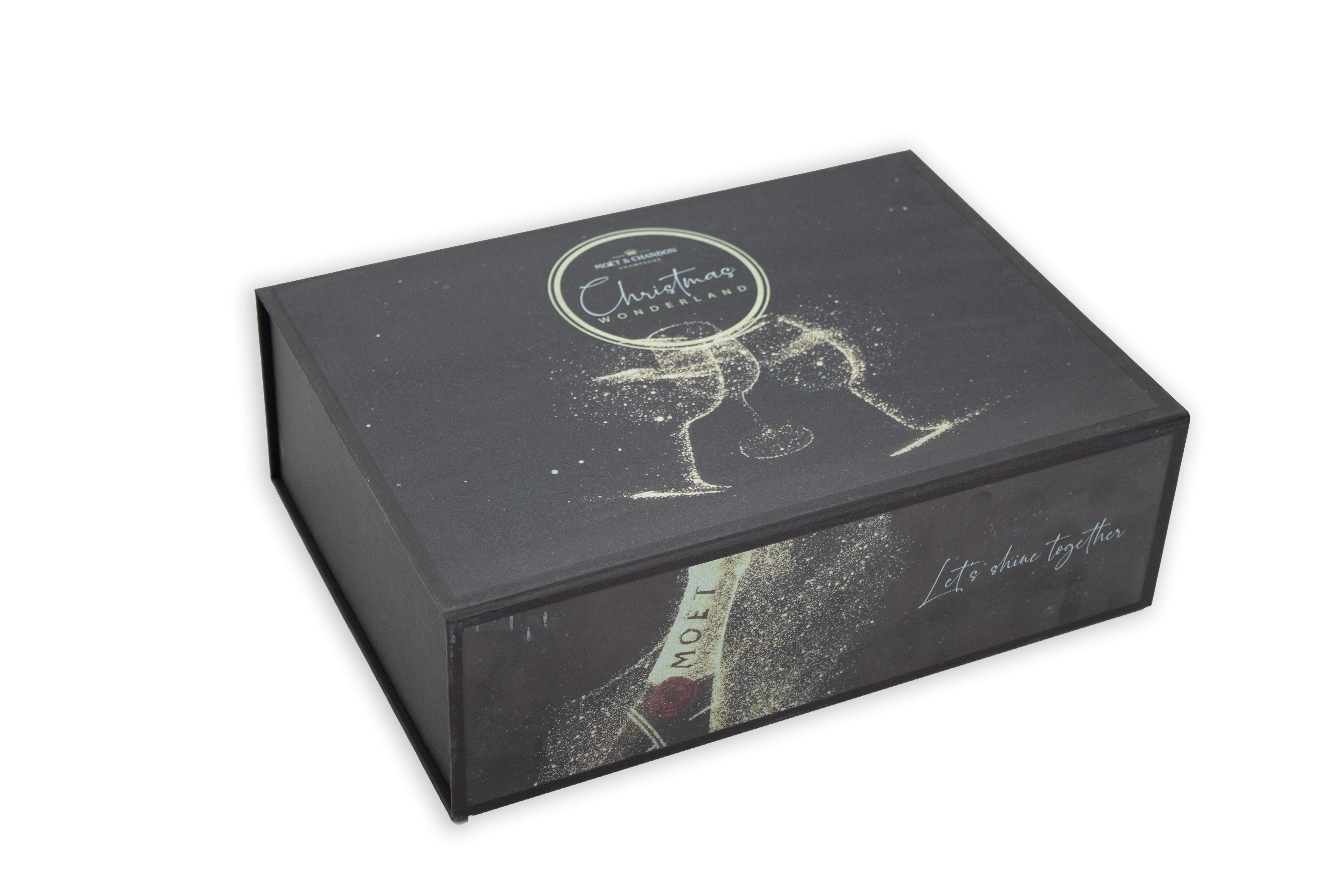High-quality magnetic box with elegant Christmas motif and champagne glasses