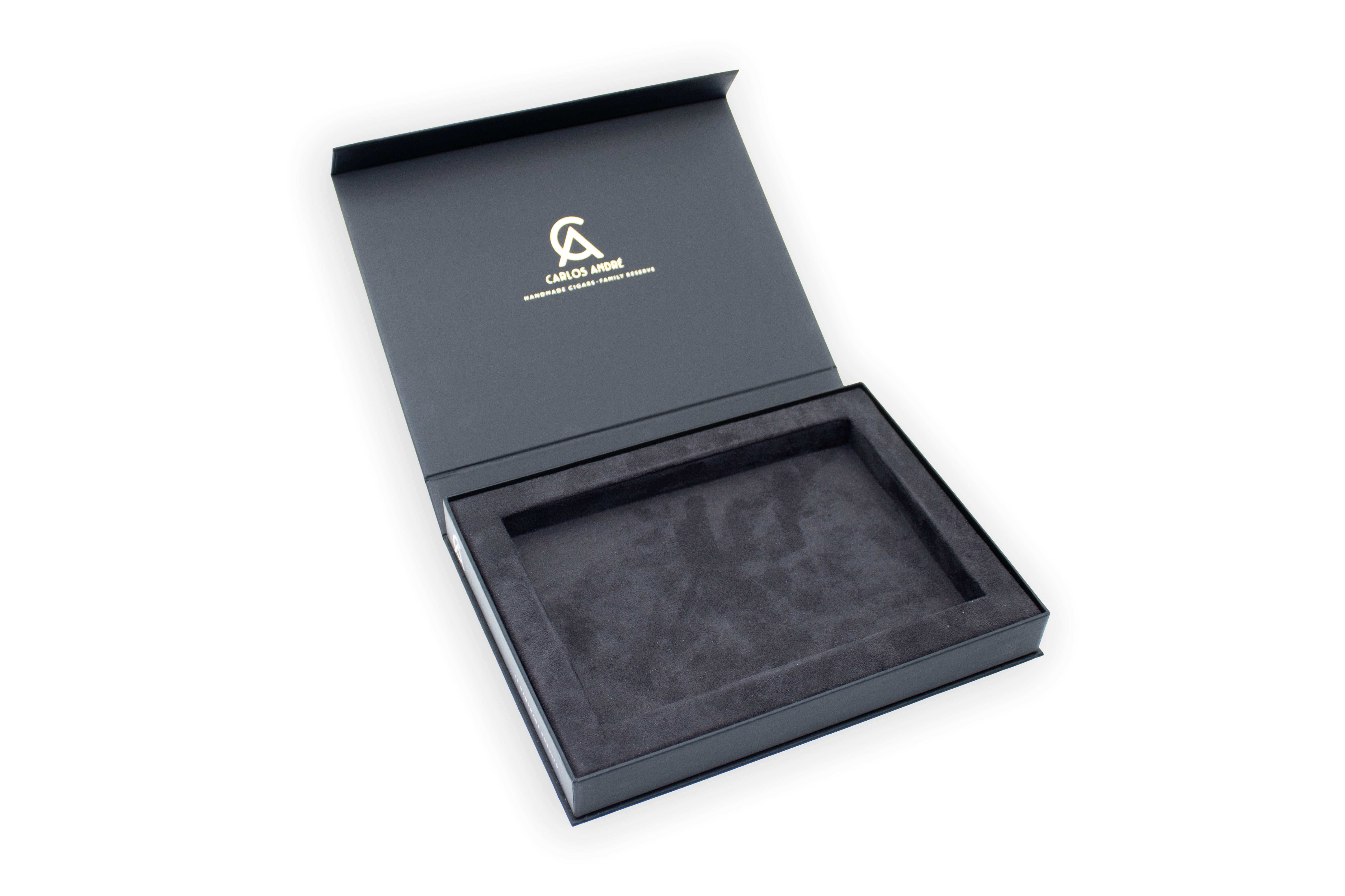 Open black magnetic box with foam insert for presentations