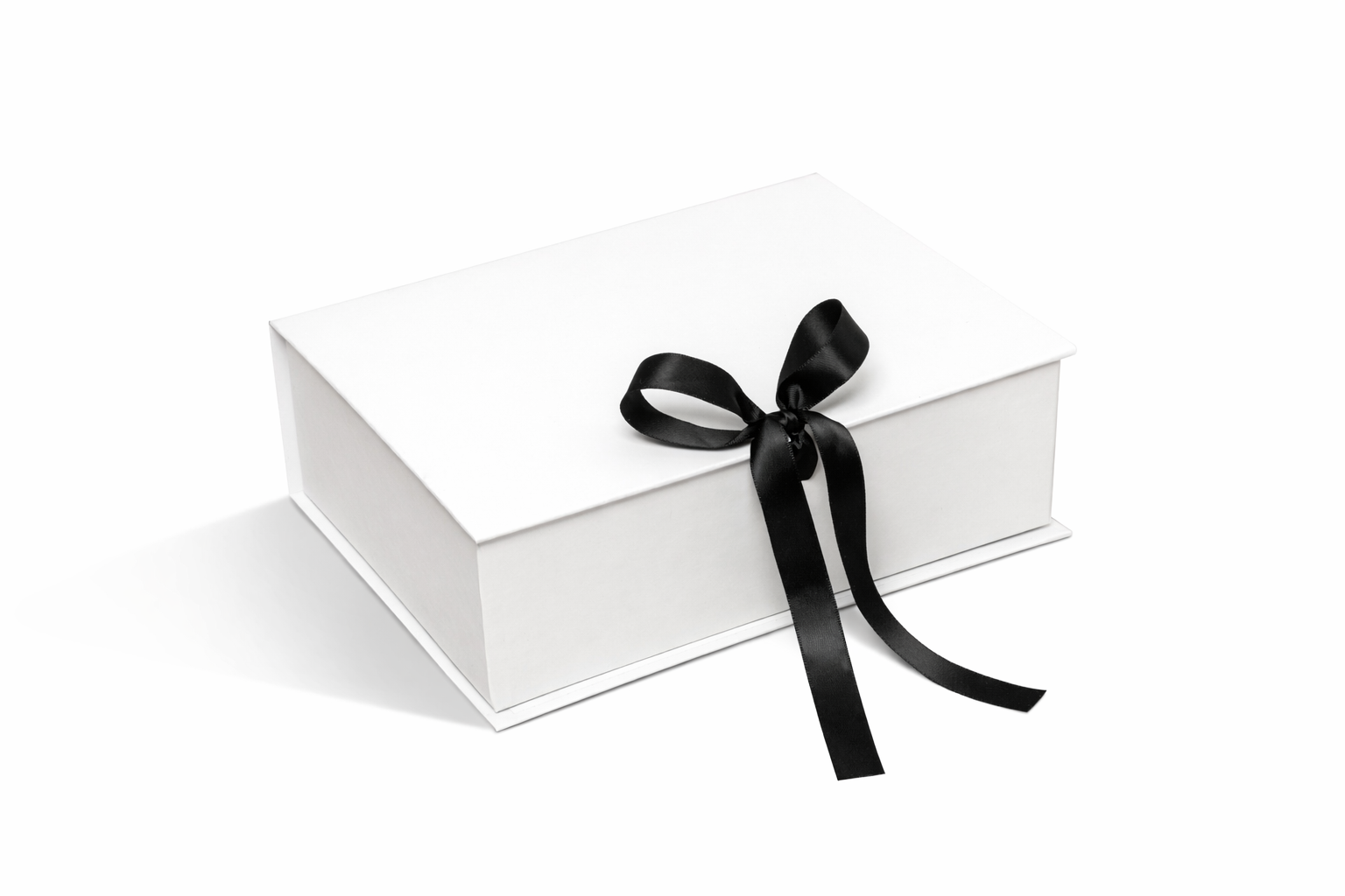 White magnetic box with black ribbon for gift packaging