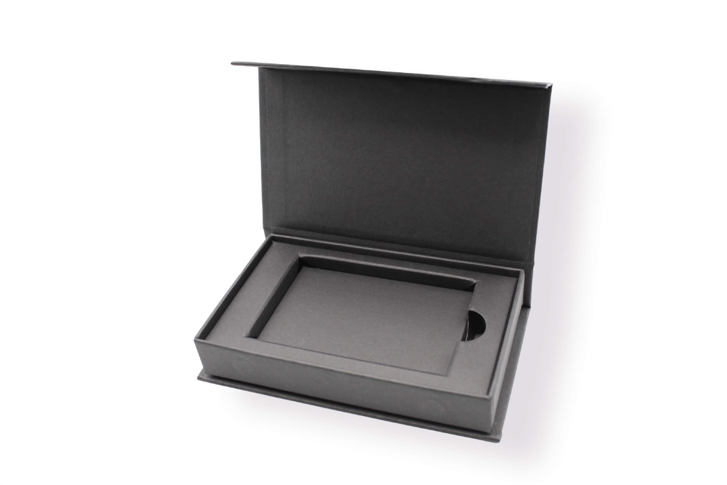 Black magnetic box with an open flap, elegant and high-quality