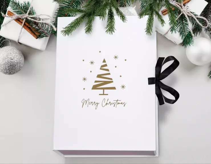Christmas-themed gift box with black ribbon and pine branches