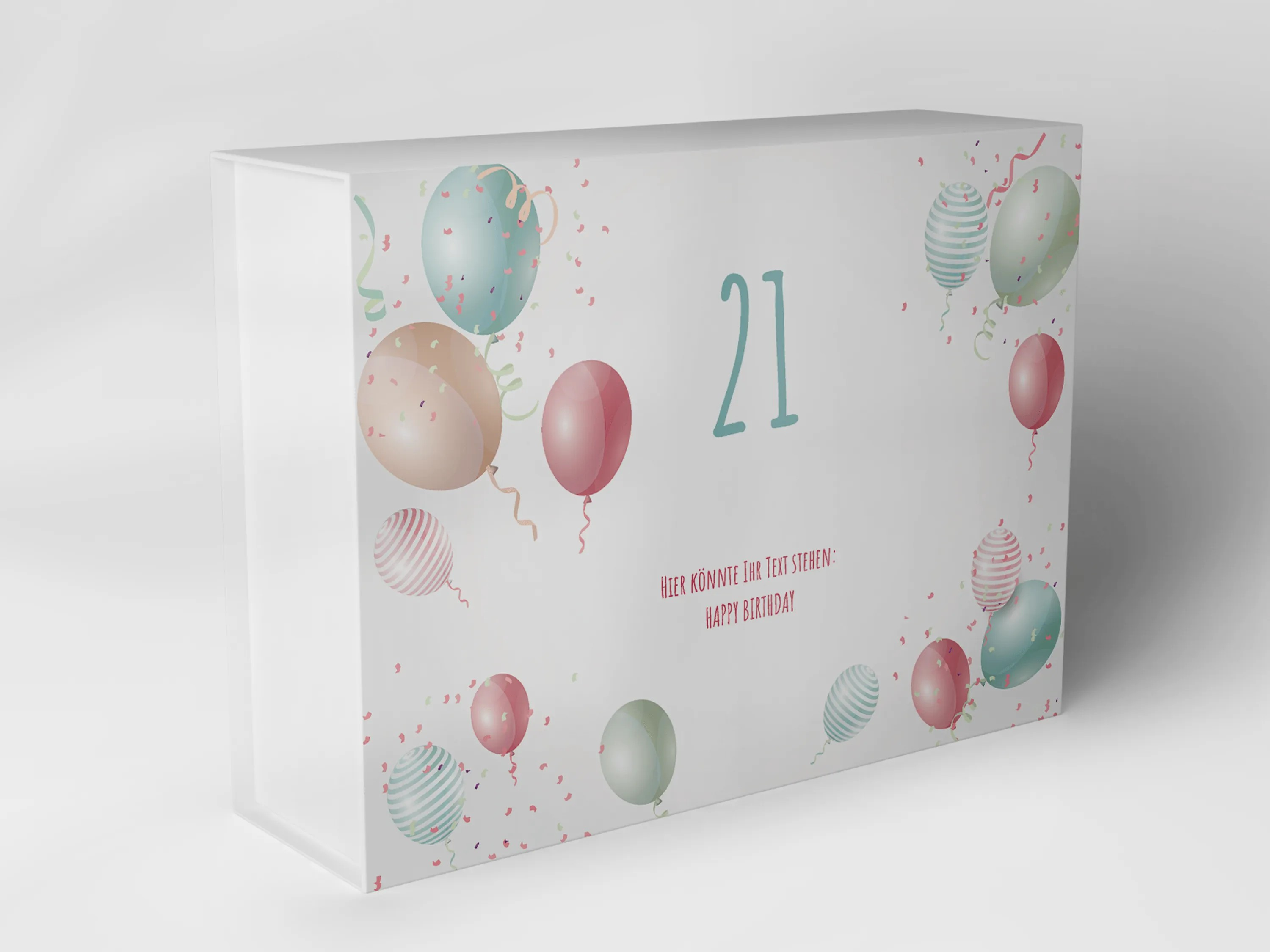 Packaging with balloon motifs and the number 21 for birthday gifts