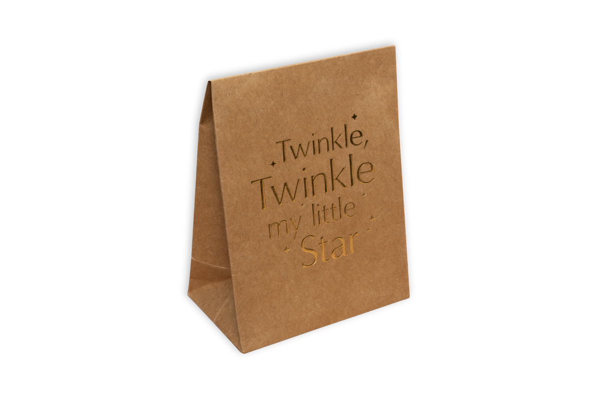 Brown paper bag with decorative golden lettering