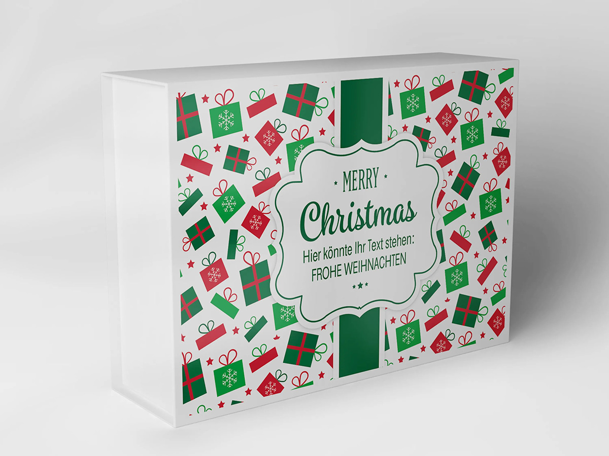 Christmas gift box with festive motifs and Merry Christmas greetings