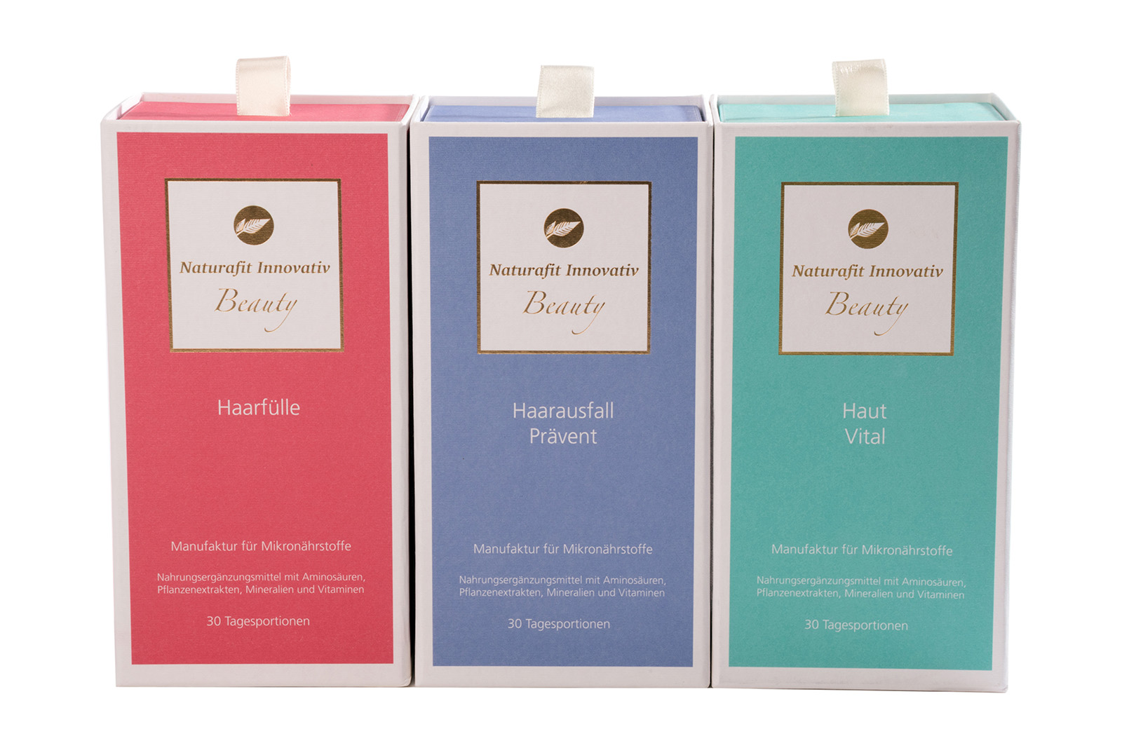 Three colorful packaging boxes for dietary supplements in various colors