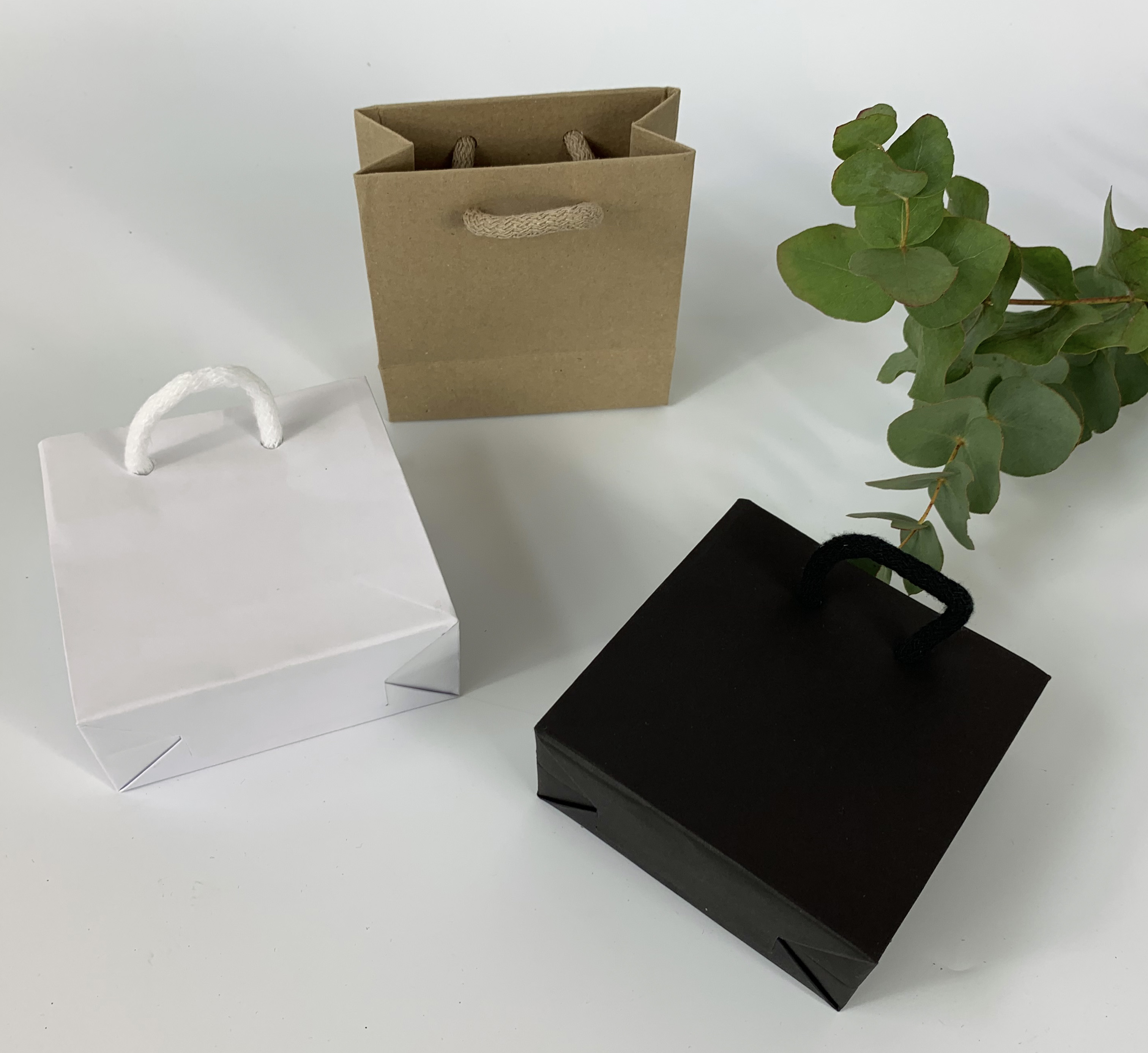 Brown, white, and black paper bags next to green eucalyptus leaves